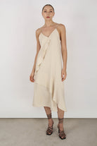 Beige thin strap asymmetric ruffle midi slip dress_5