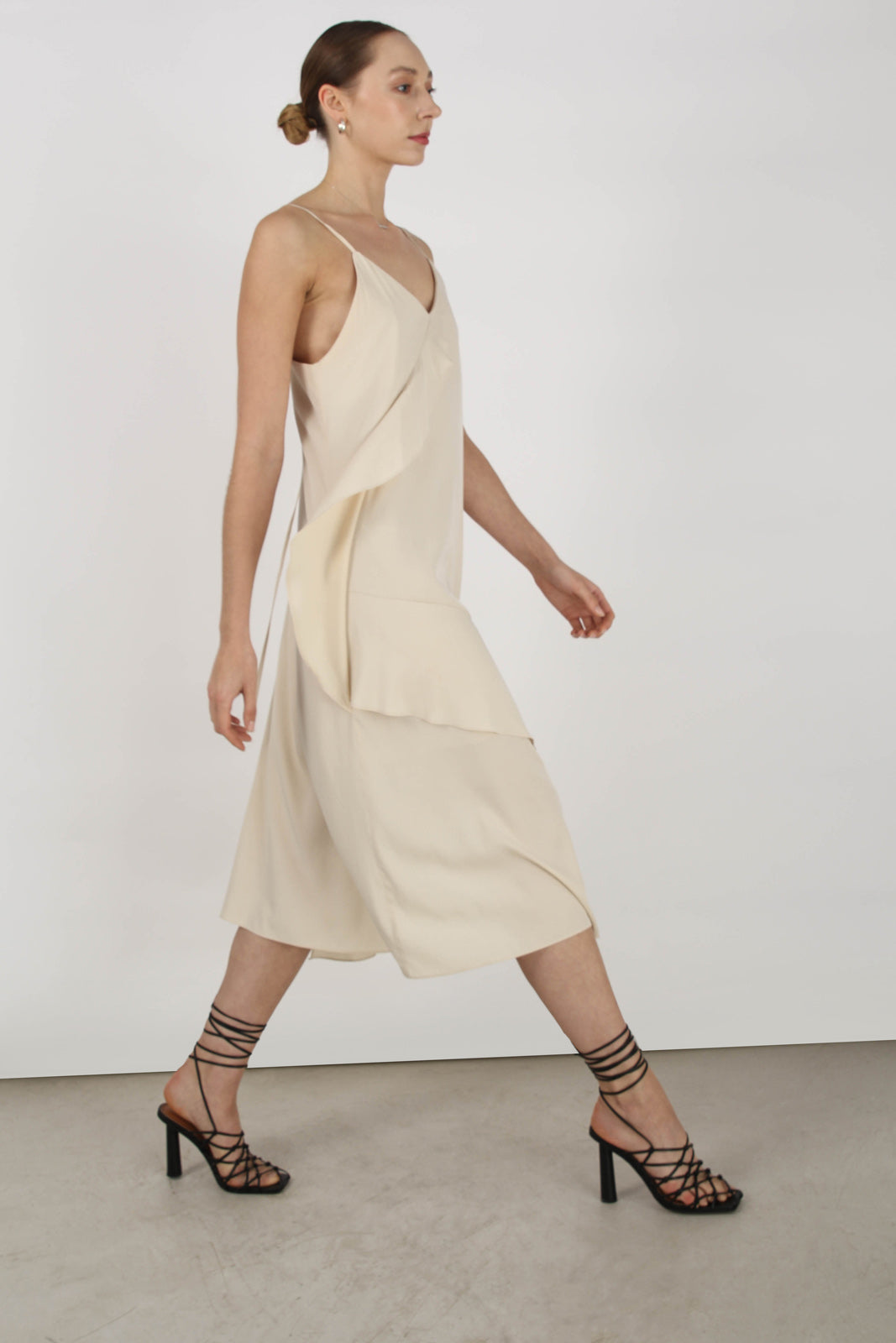 Beige thin strap asymmetric ruffle midi slip dress_3