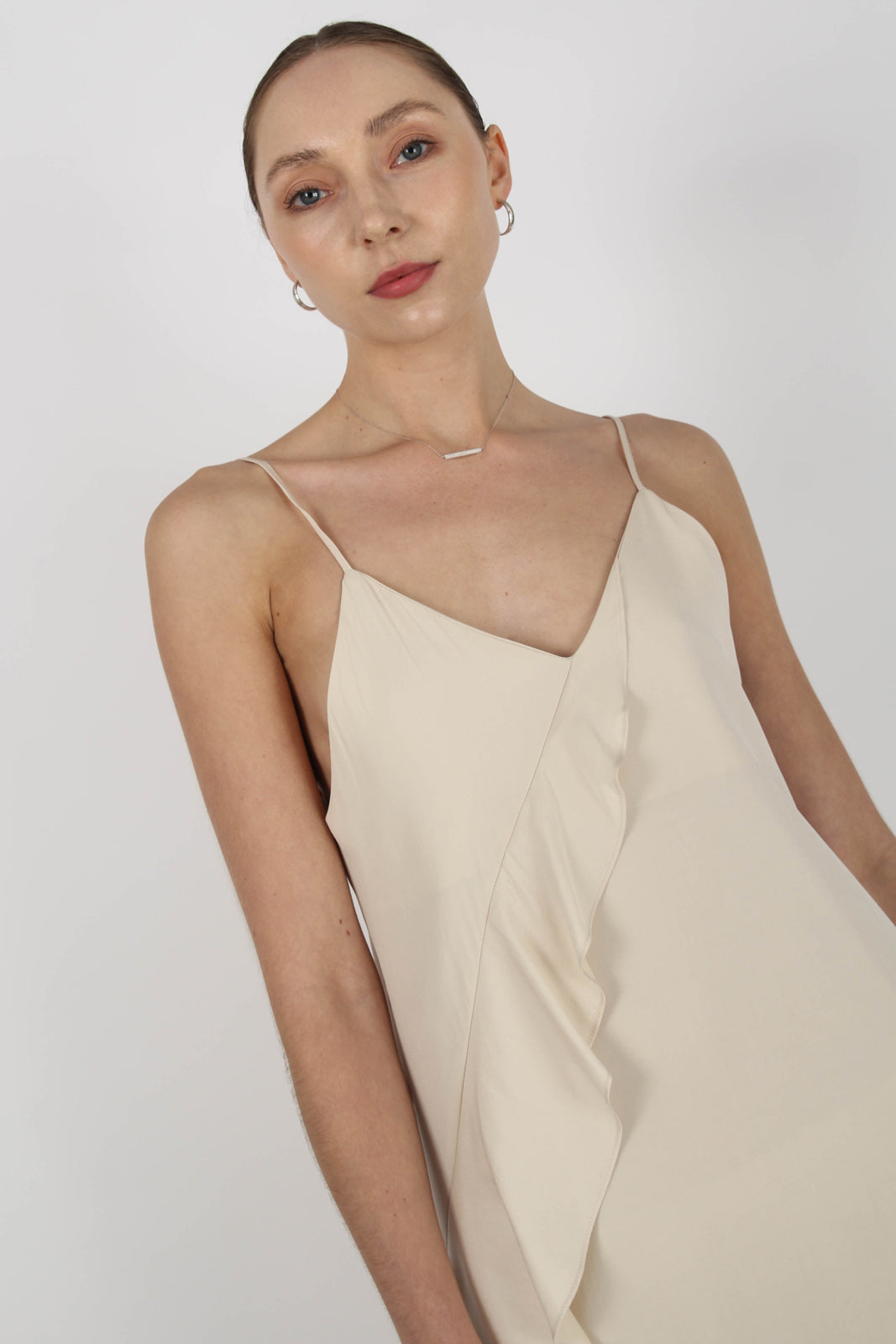 Beige thin strap asymmetric ruffle midi slip dress_4