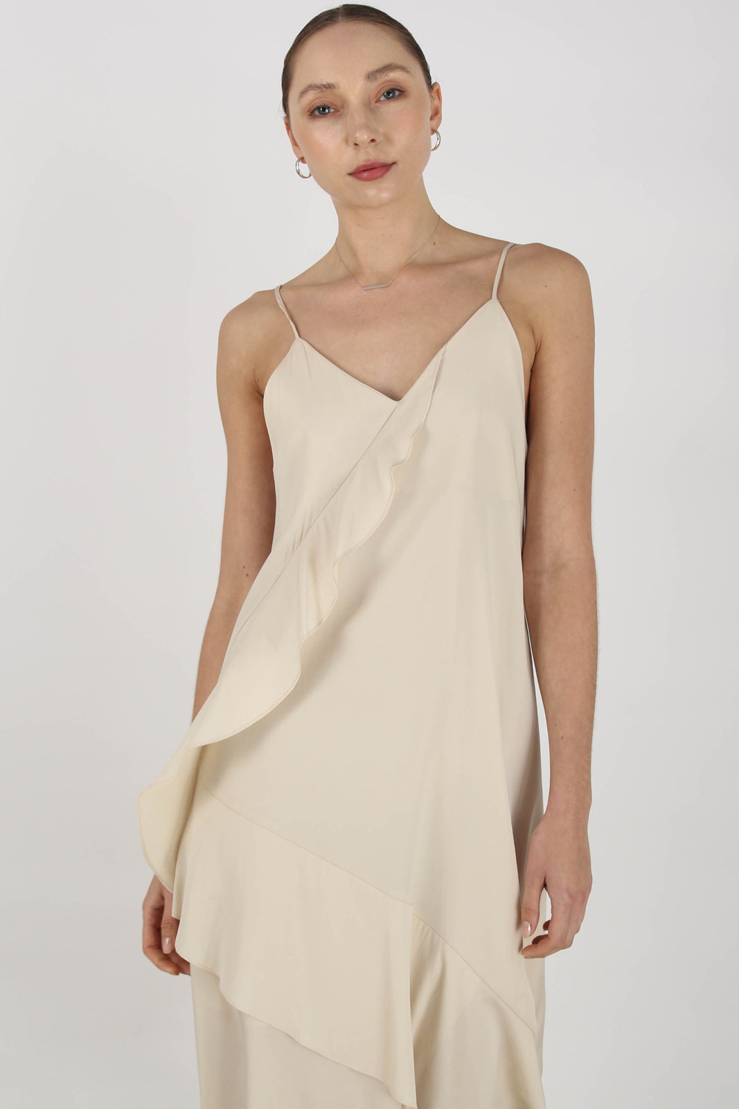 Beige thin strap asymmetric ruffle midi slip dress_2