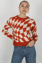 Rust orange and ivory psychedelic intarsia jumper_1