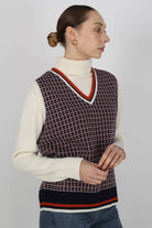 Navy and orange graphic V neck sweater vest_6