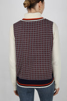 Navy and orange graphic V neck sweater vest_5