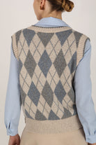 Ivory and pale blue argyle wool blend sweater vest_5