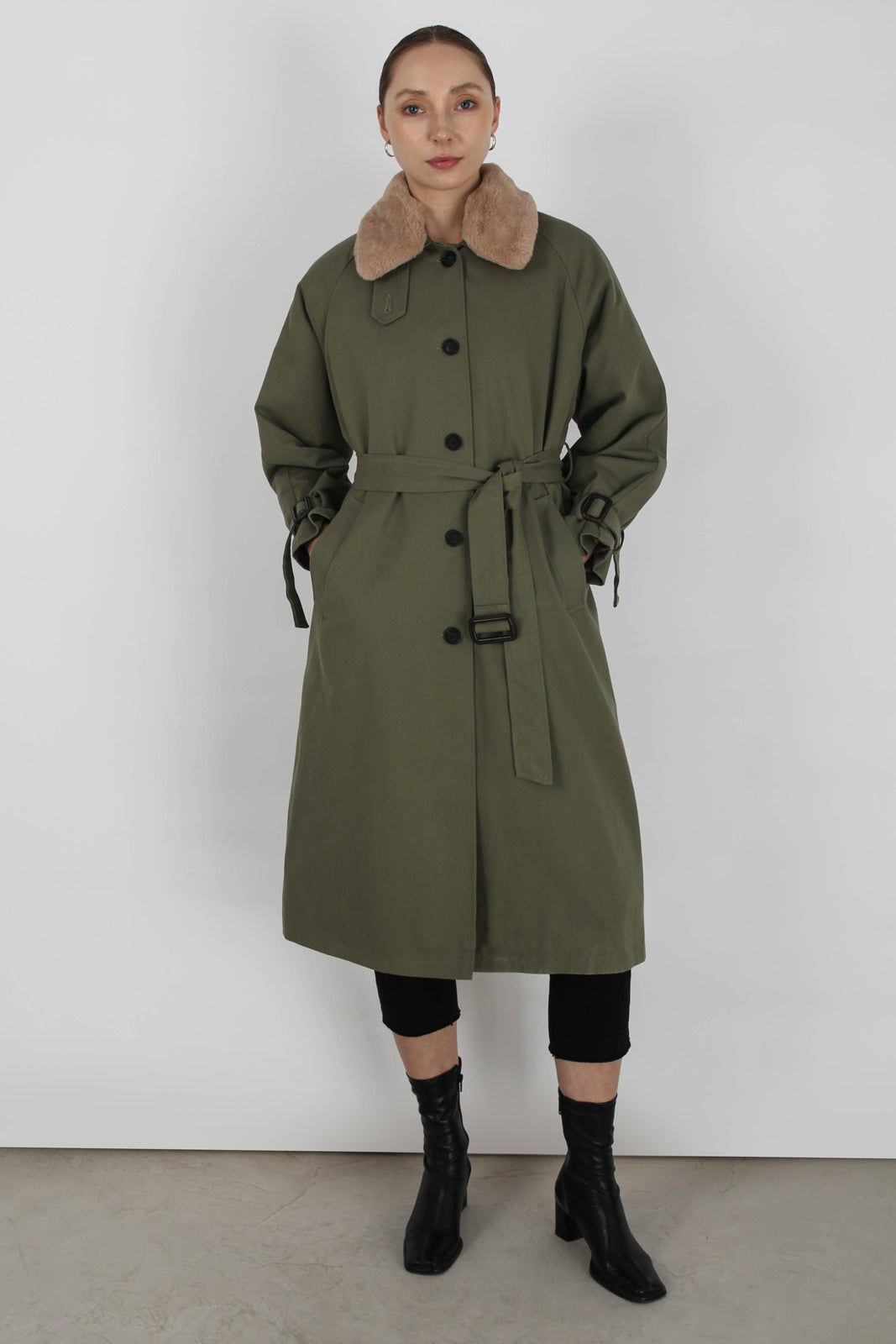 Khaki faux fur lined trench coat_1