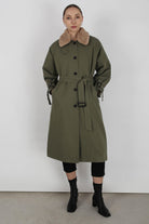 Khaki faux fur lined trench coat_1