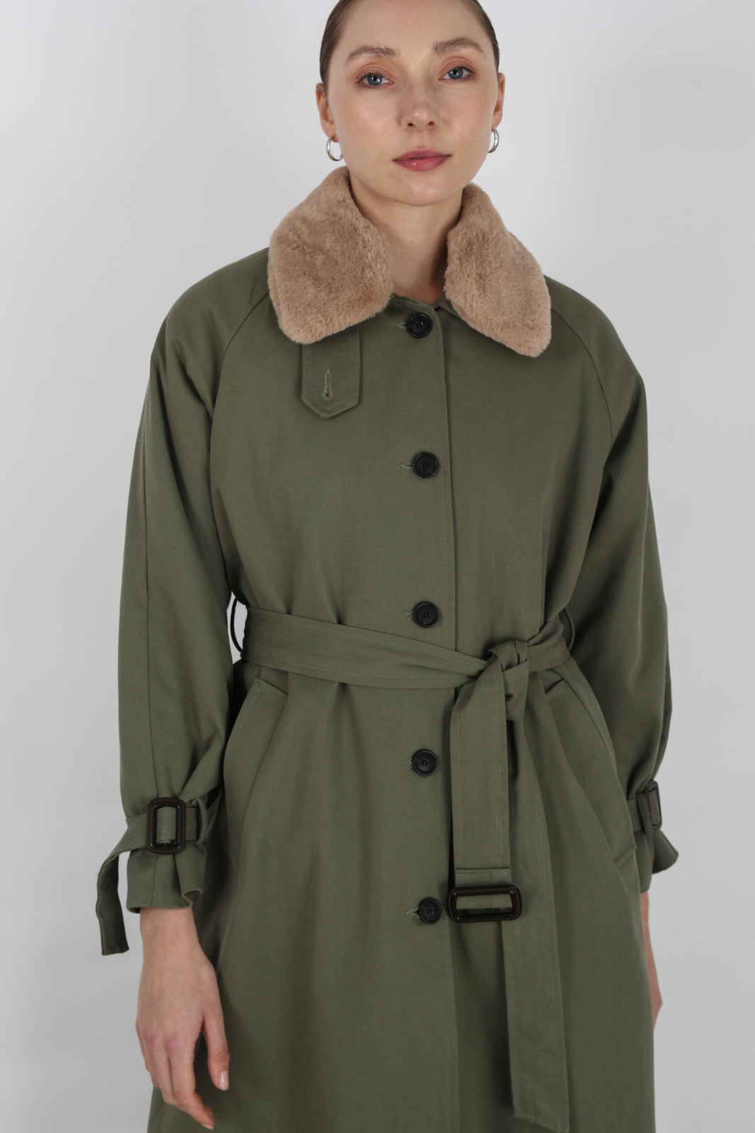 Khaki faux fur lined trench coat_8