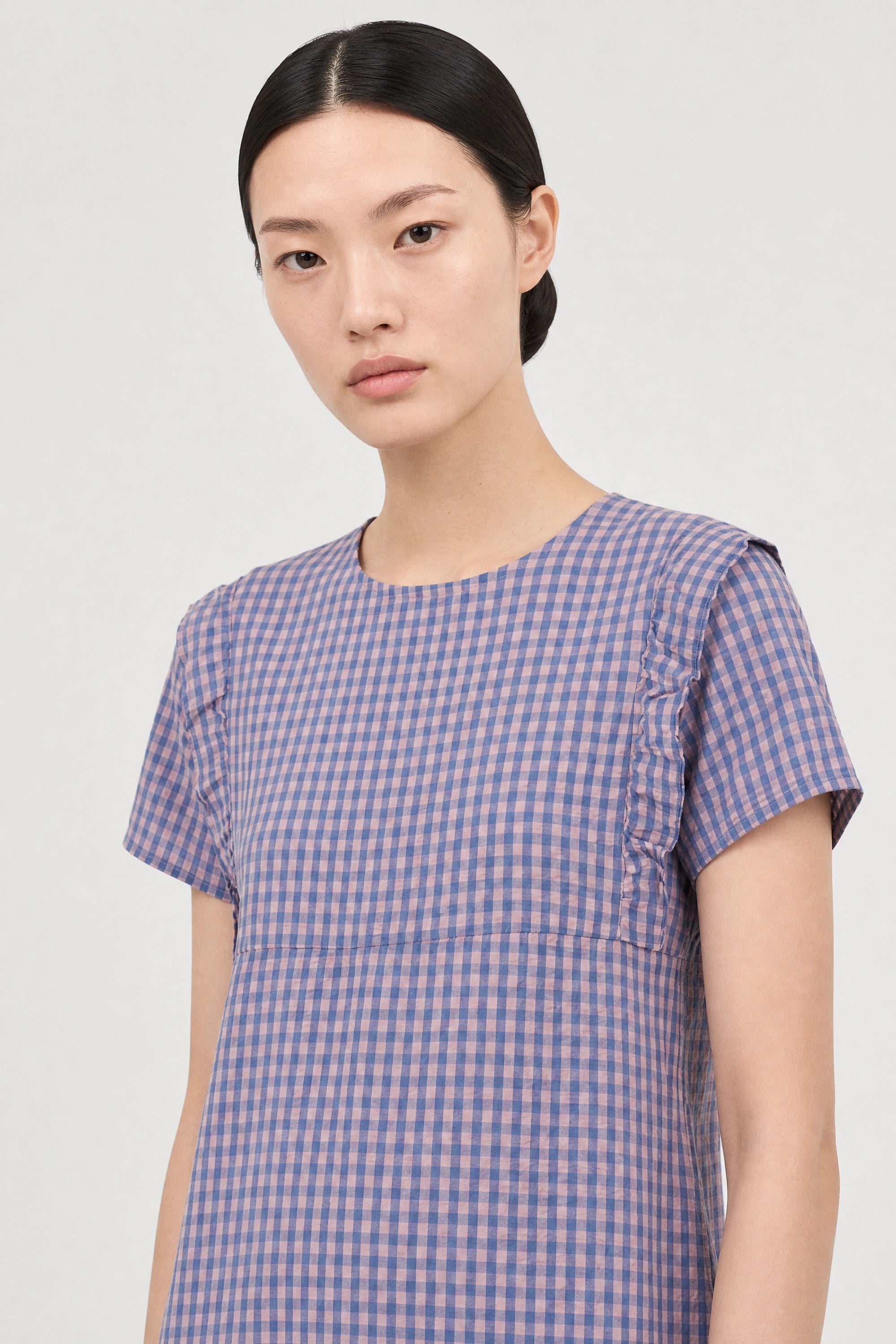 Cobalt blue and pink gingham ruffle trim dress_5
