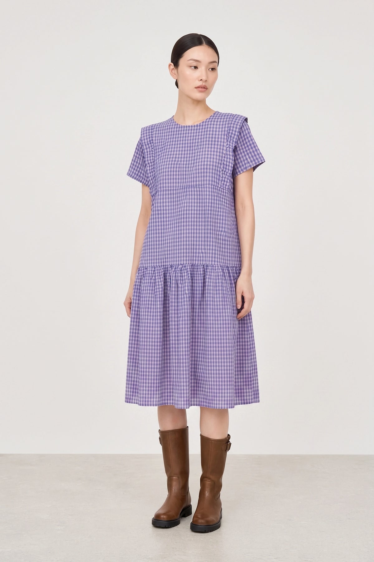 Cobalt blue and pink gingham ruffle trim dress_1