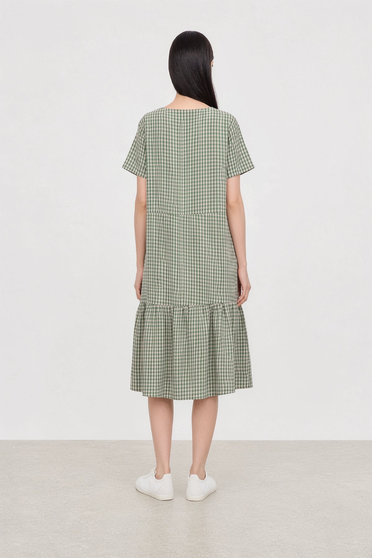 Green and pink gingham ruffle trim dress_2