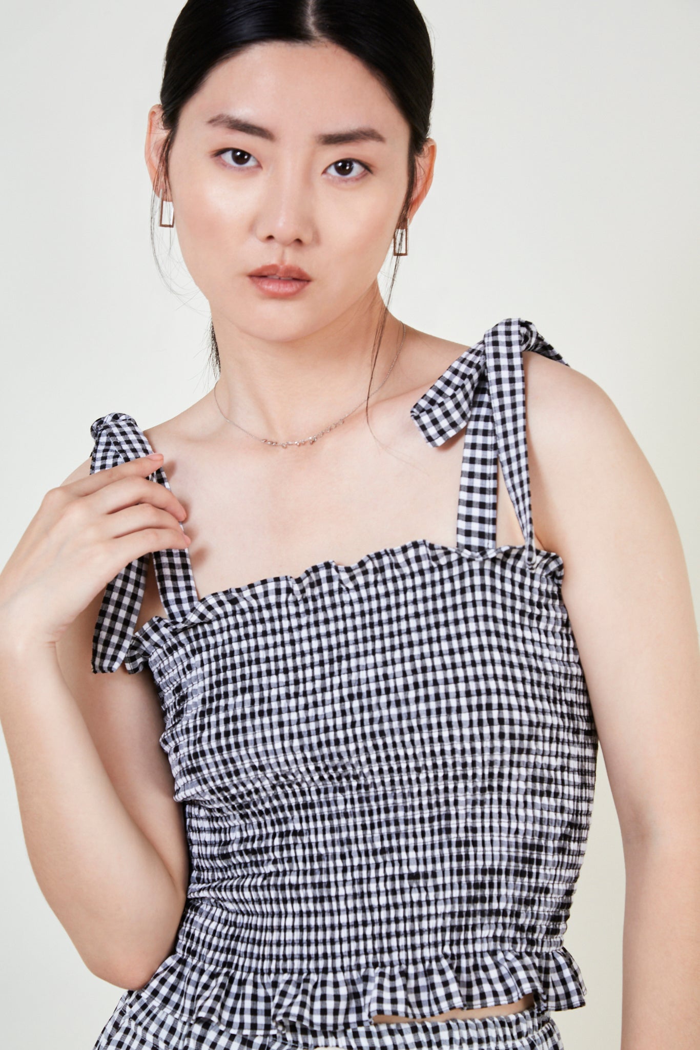 Black gingham ruched tie strap tank