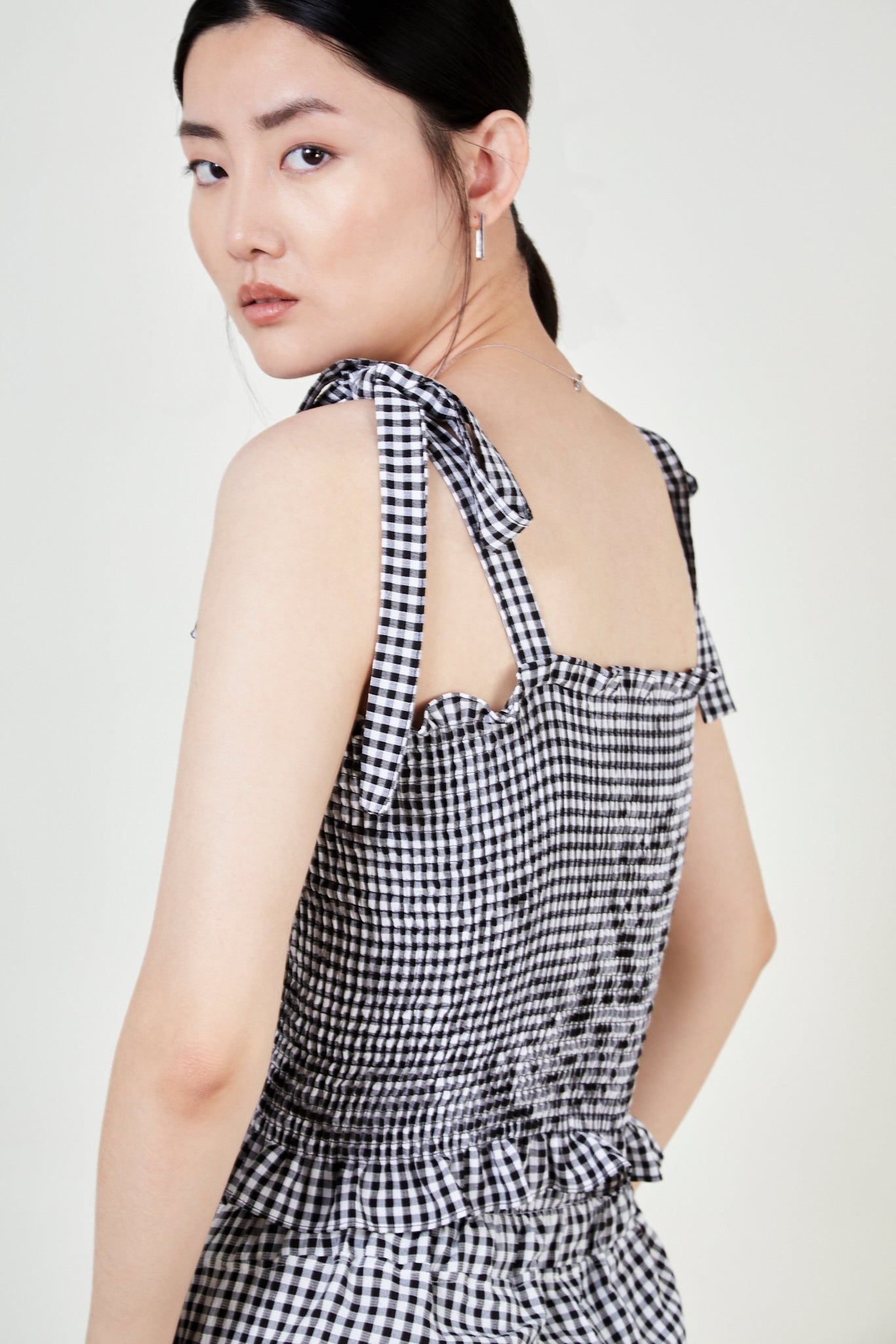 Black gingham ruched tie strap tank