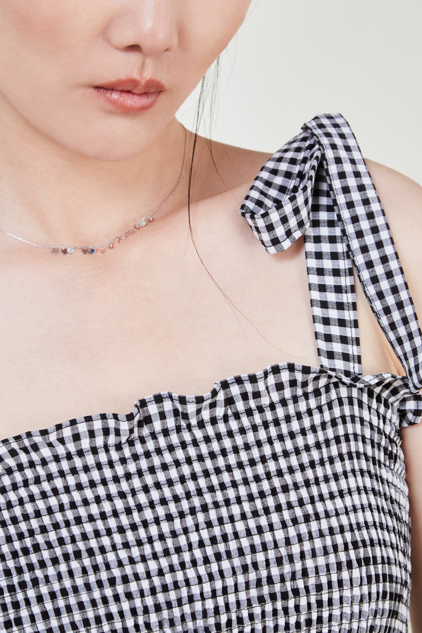 Black gingham ruched tie strap tank