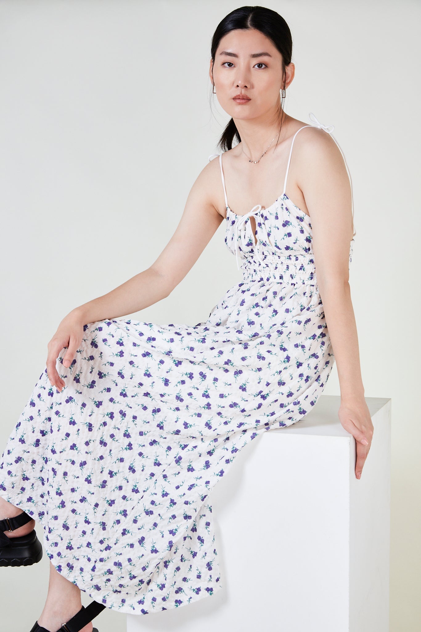 Ivory floral print tie strap dress_1