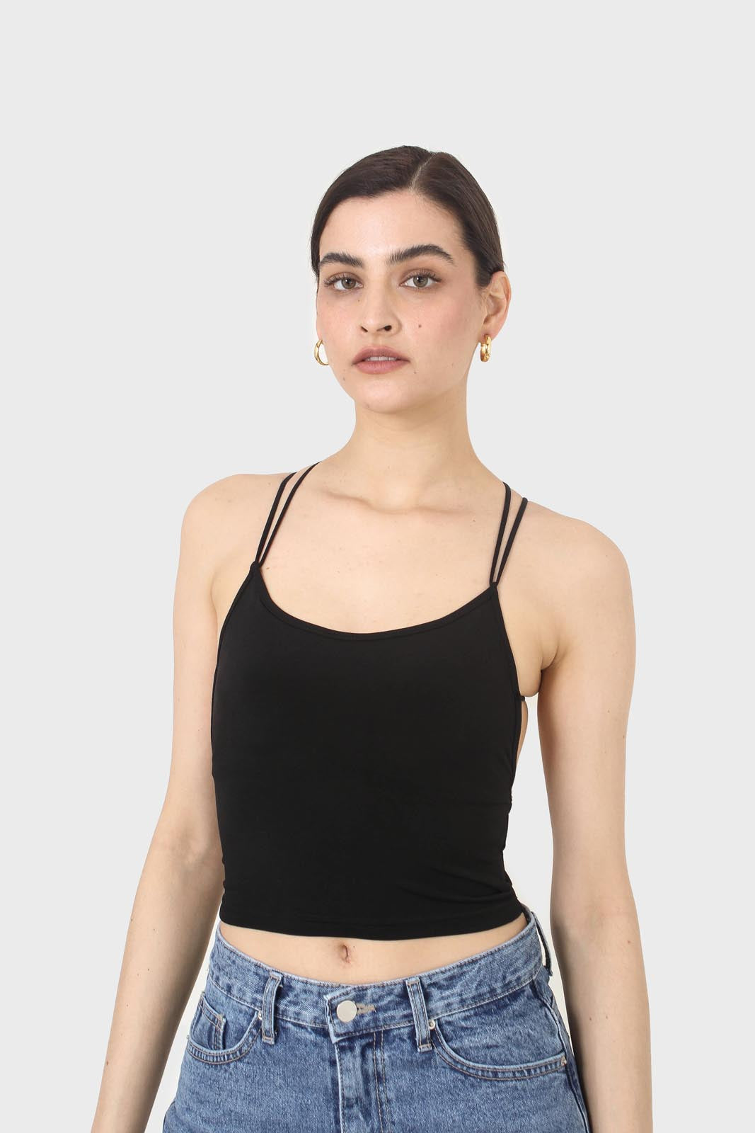 Black strappy back shrunken tank