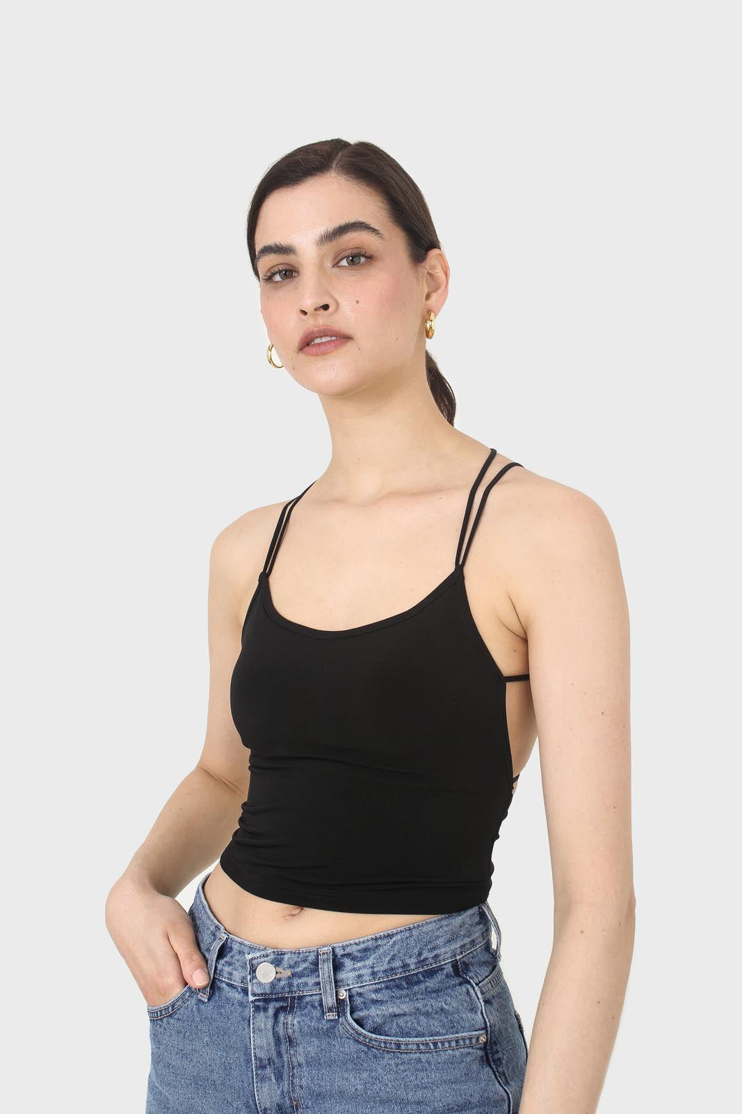 Black strappy back shrunken tank