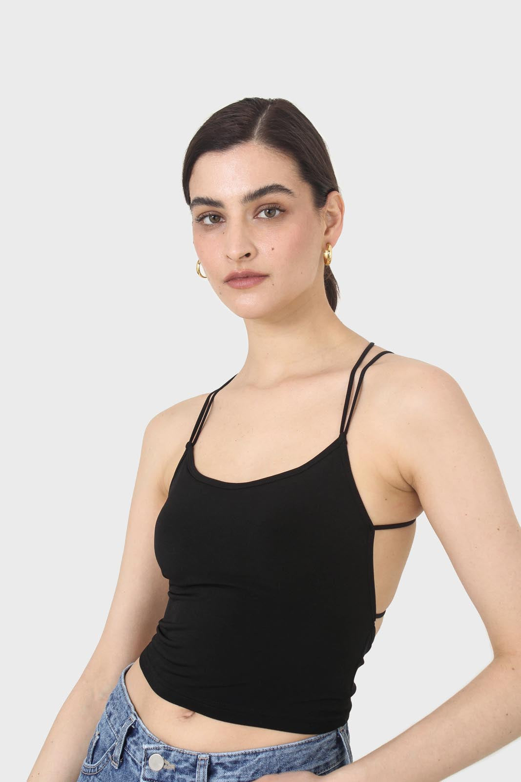 Black strappy back shrunken tank