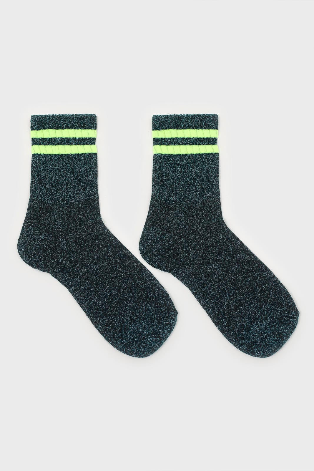 Teal metallic neon yellow varsity stripe socks_5