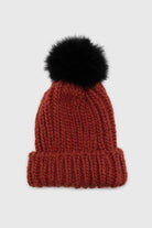 Rusty orange ribbed black feather pom pom hat_1