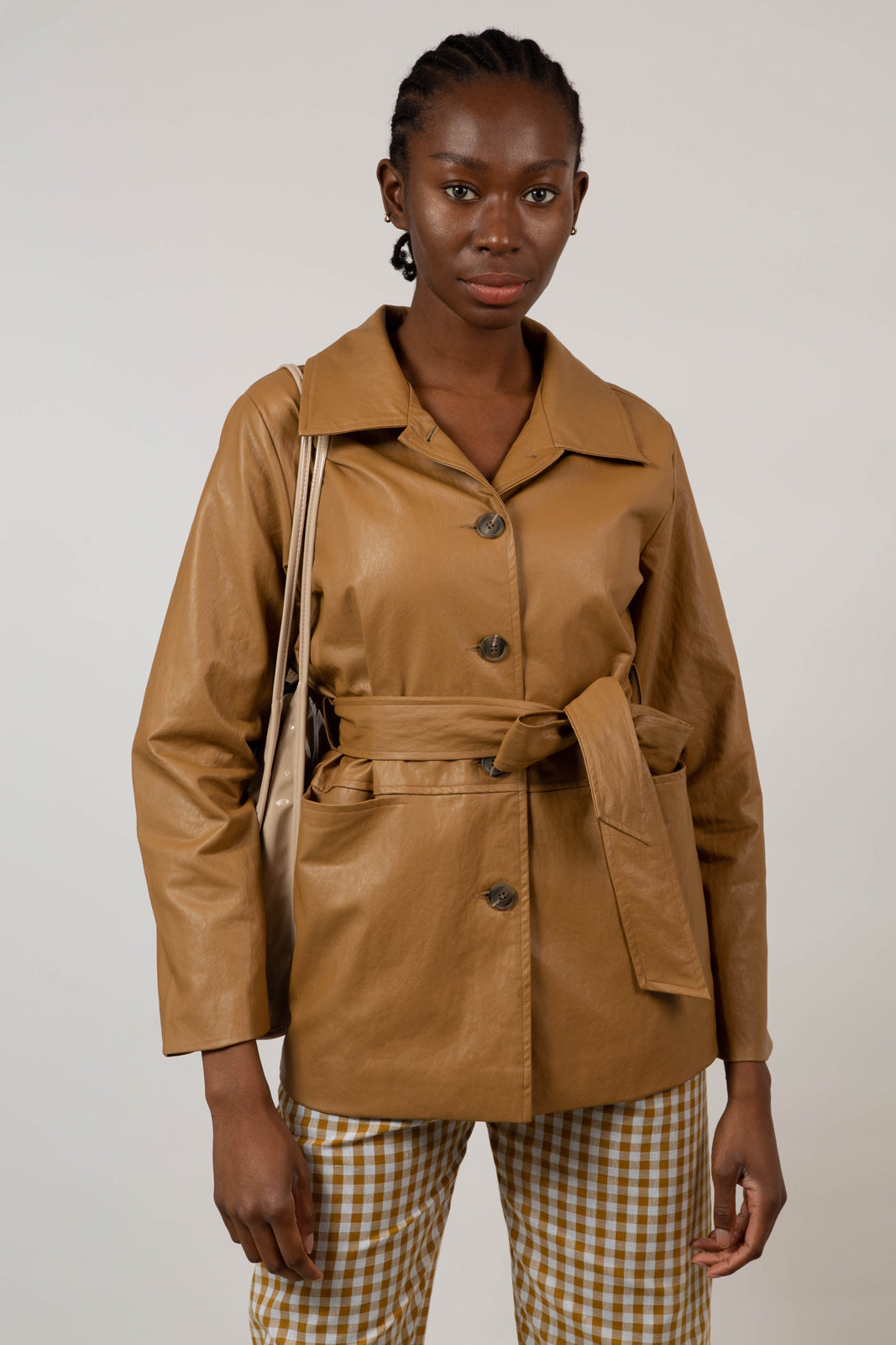 Brown vegan leather belted jacket_9