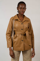 Brown vegan leather belted jacket_9