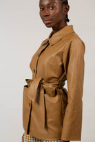 Brown vegan leather belted jacket_12