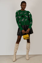 Green zebra intarsia puff sleeved cardigan_7