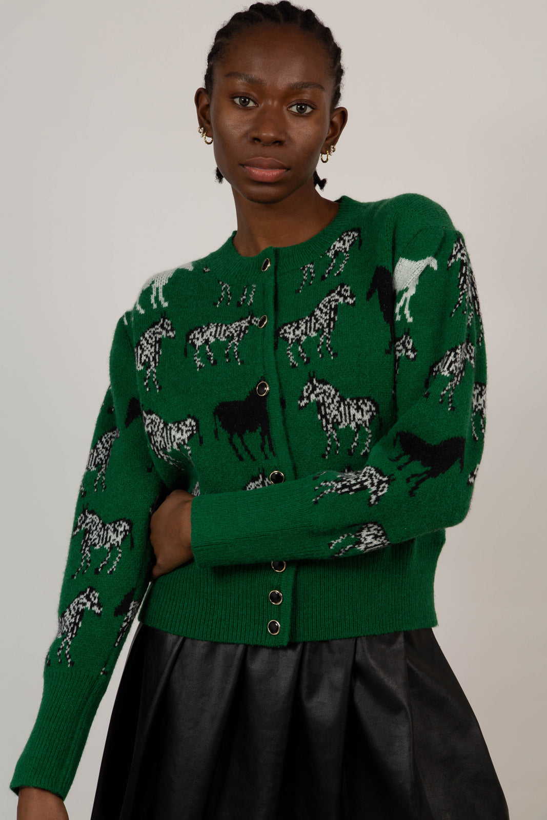 Green zebra intarsia puff sleeved cardigan_5