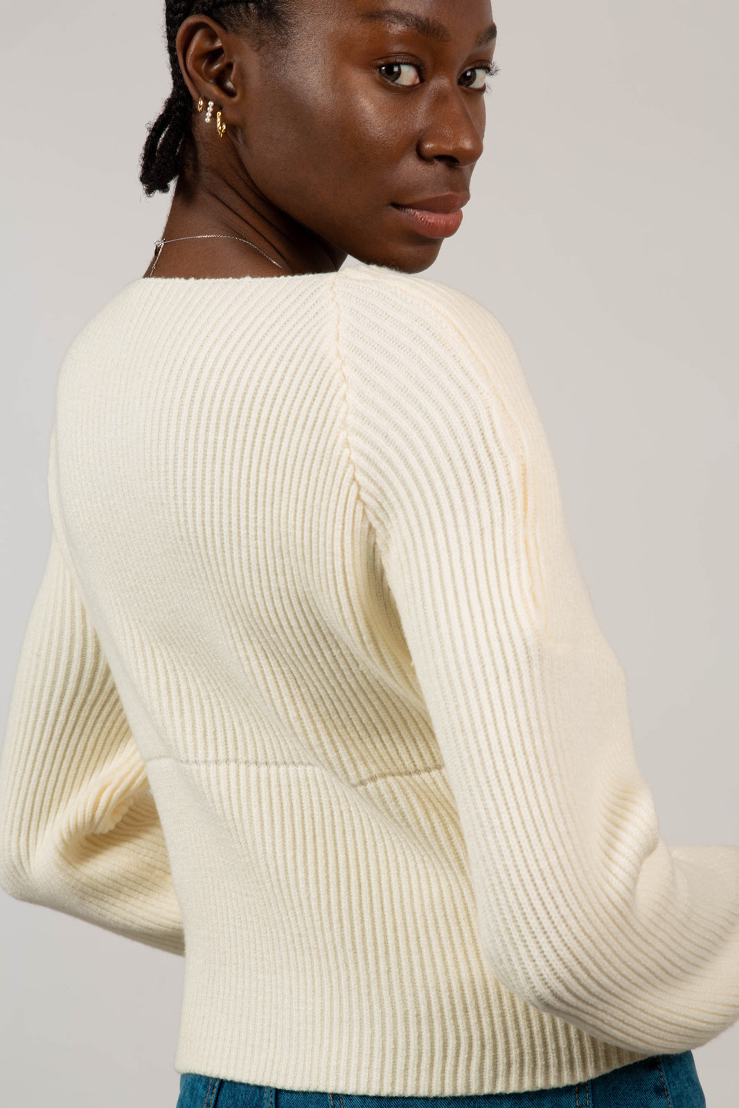 Ivory cross front panel knit top