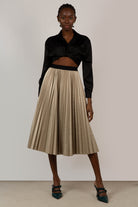 Beige vegan leather pleated midi skirt_3