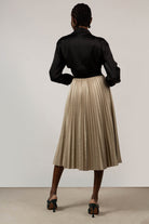 Beige vegan leather pleated midi skirt_4