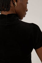 Black velvet short sleeved mock neck top_3