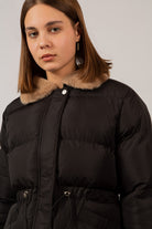 Black and brown fur collar puffer jacket_9