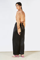 Brown satin thin tie front blouse_2
