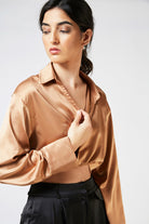 Brown satin thin tie front blouse_3