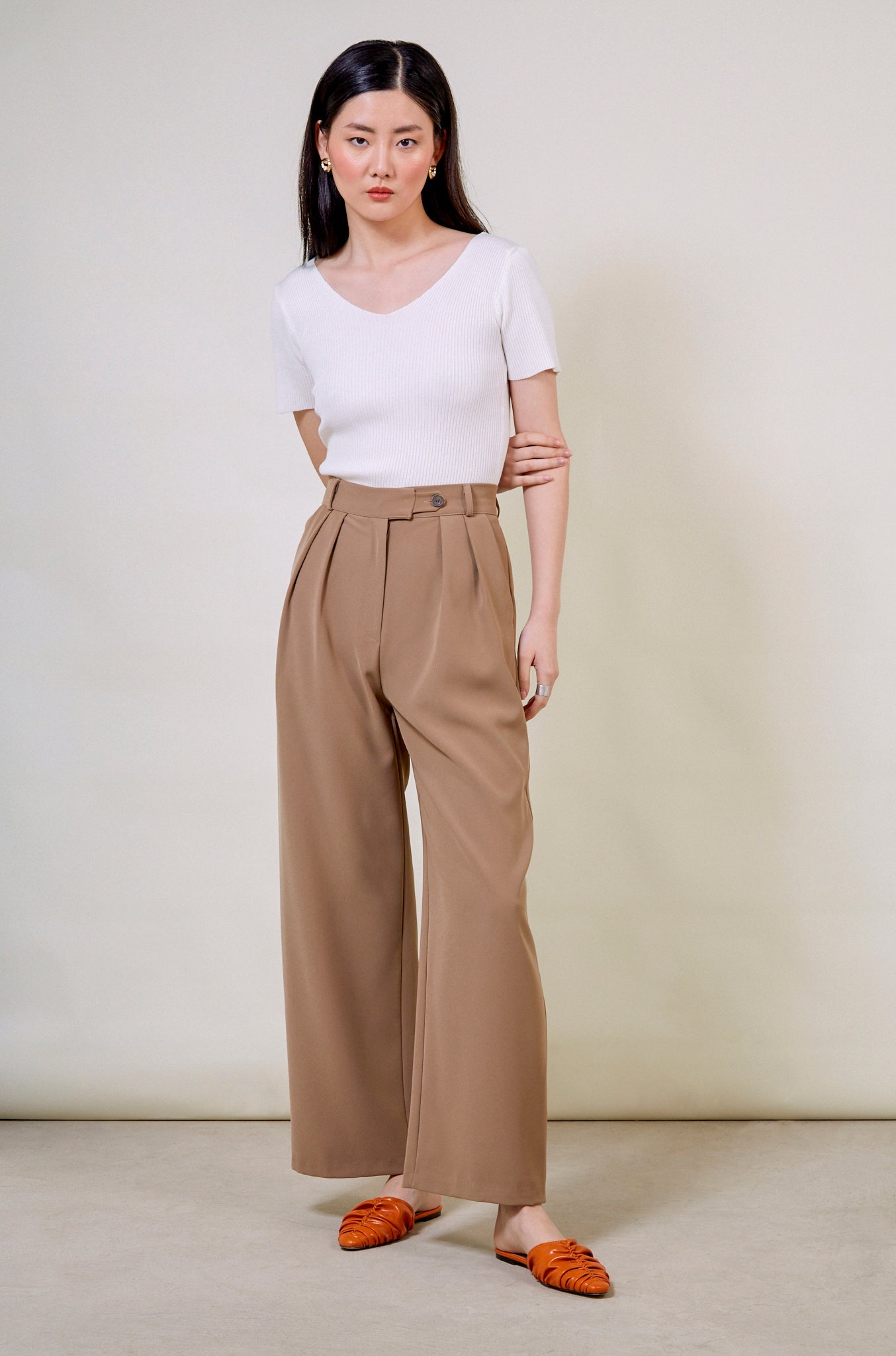 Beige double pleat smart trousers