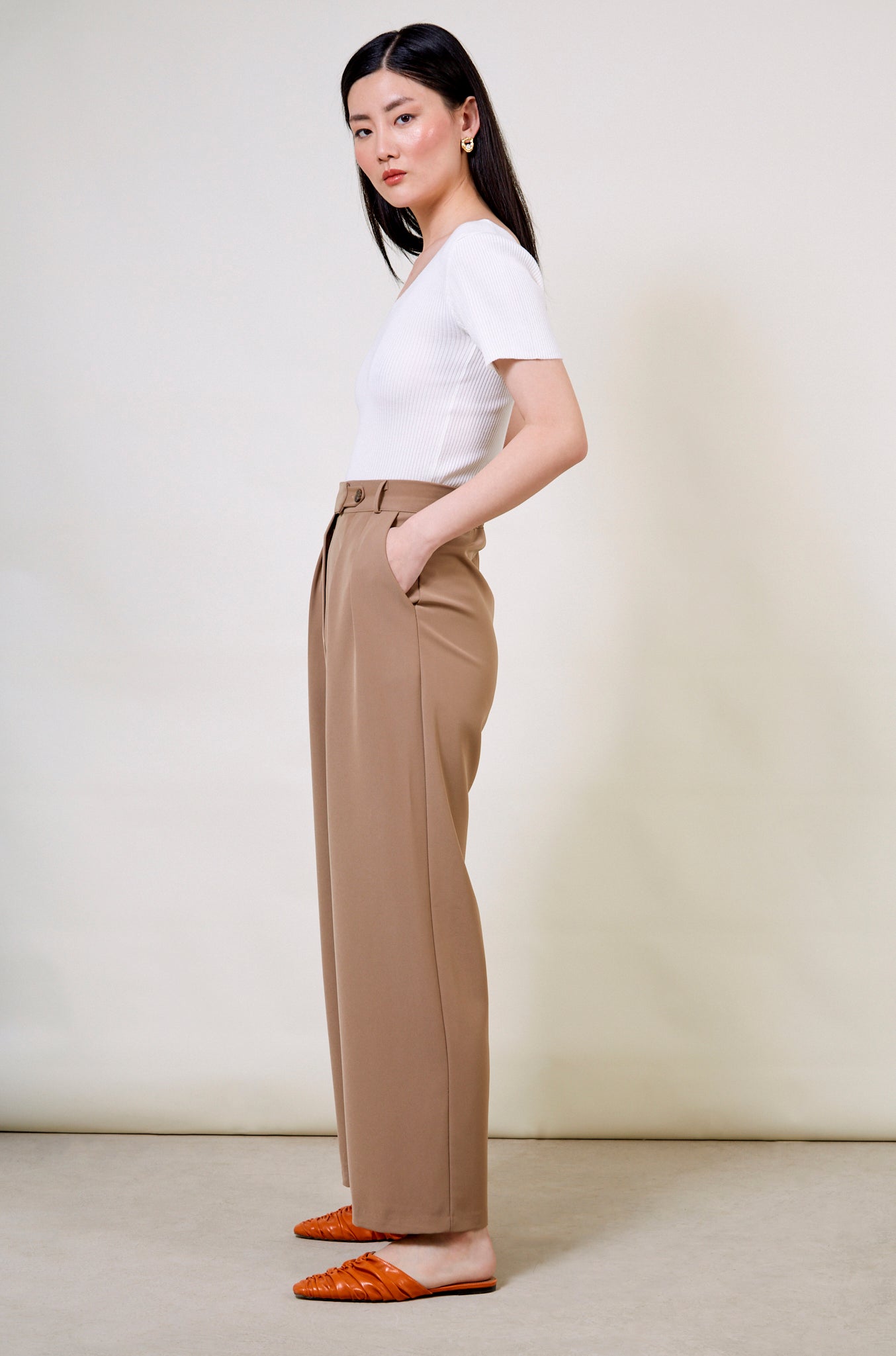 Beige double pleat smart trousers