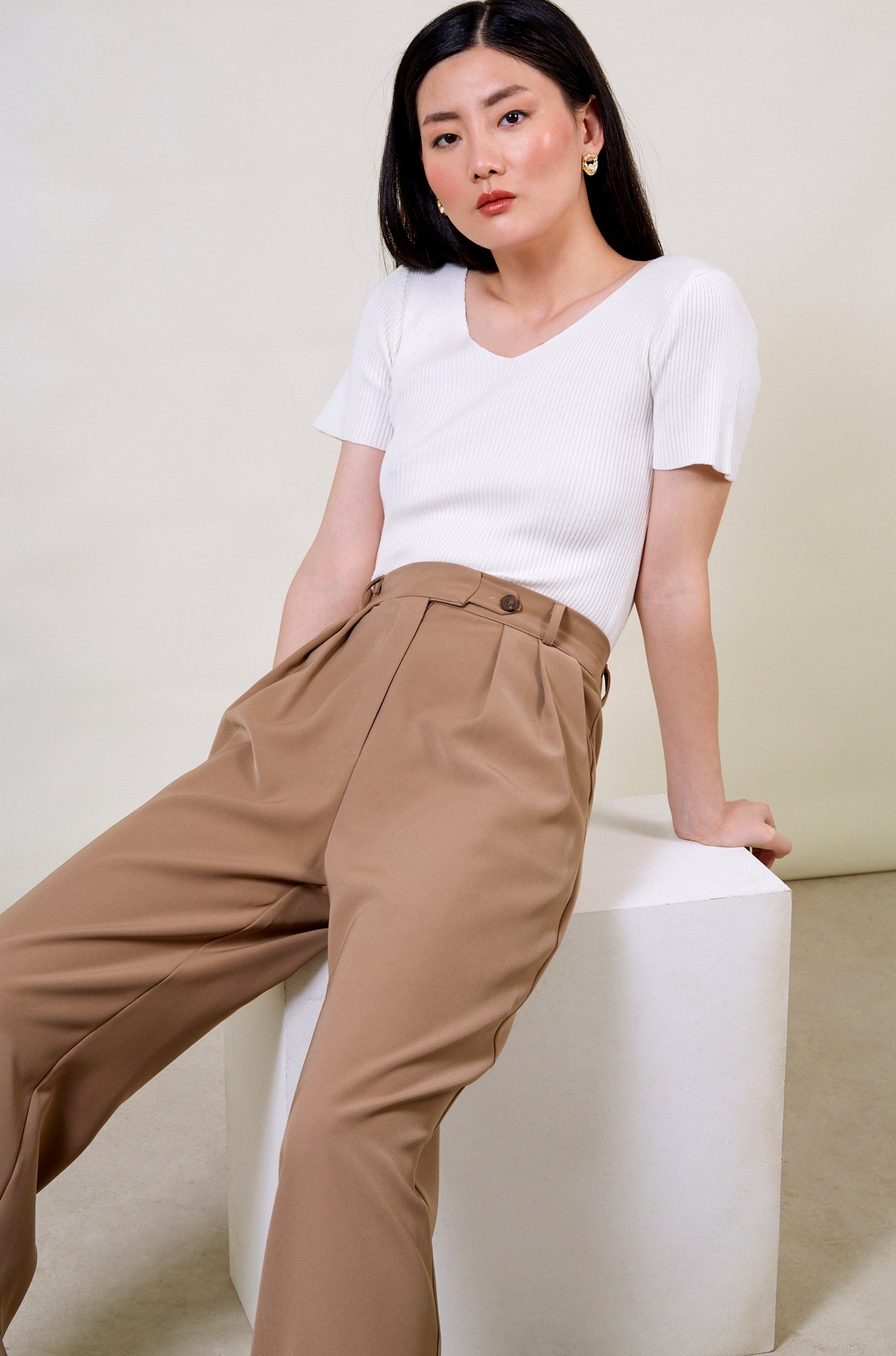 Beige double pleat smart trousers