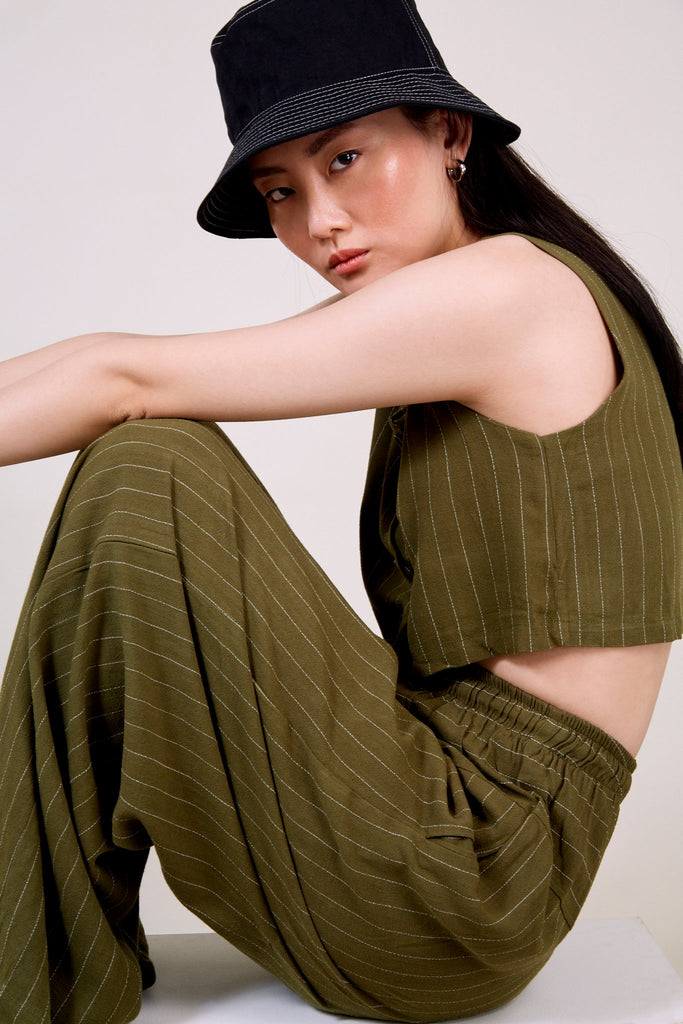 Olive green pinstripe drawstring trousers_6