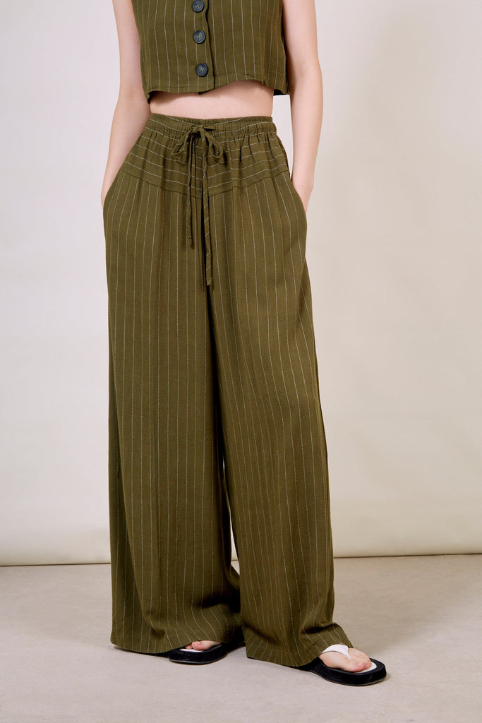 Olive green pinstripe drawstring trousers_4