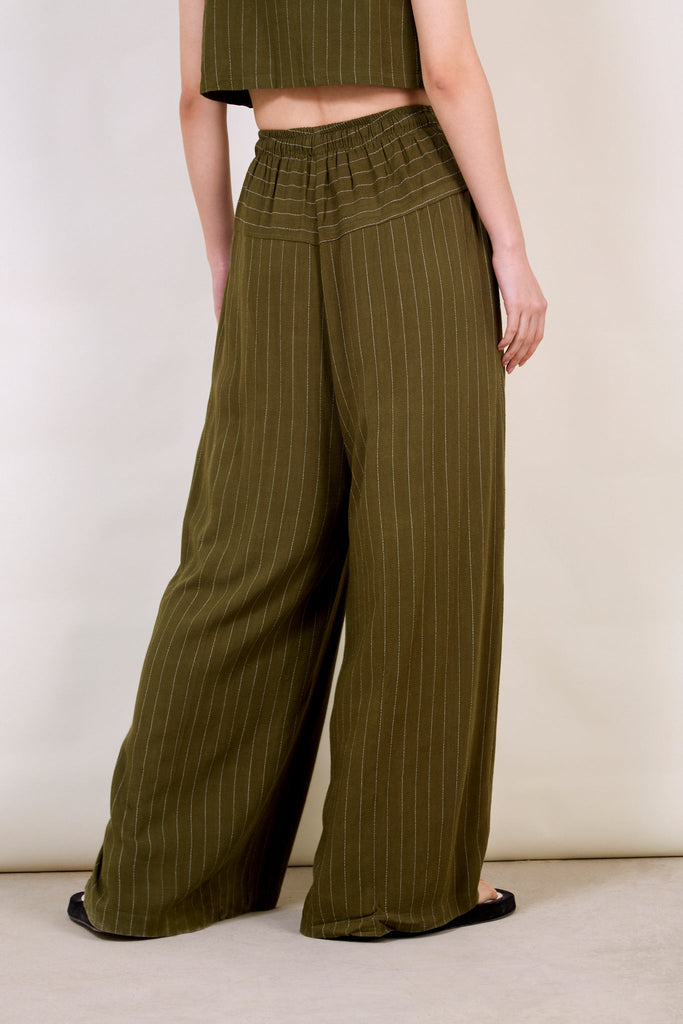 Olive green pinstripe drawstring trousers_5