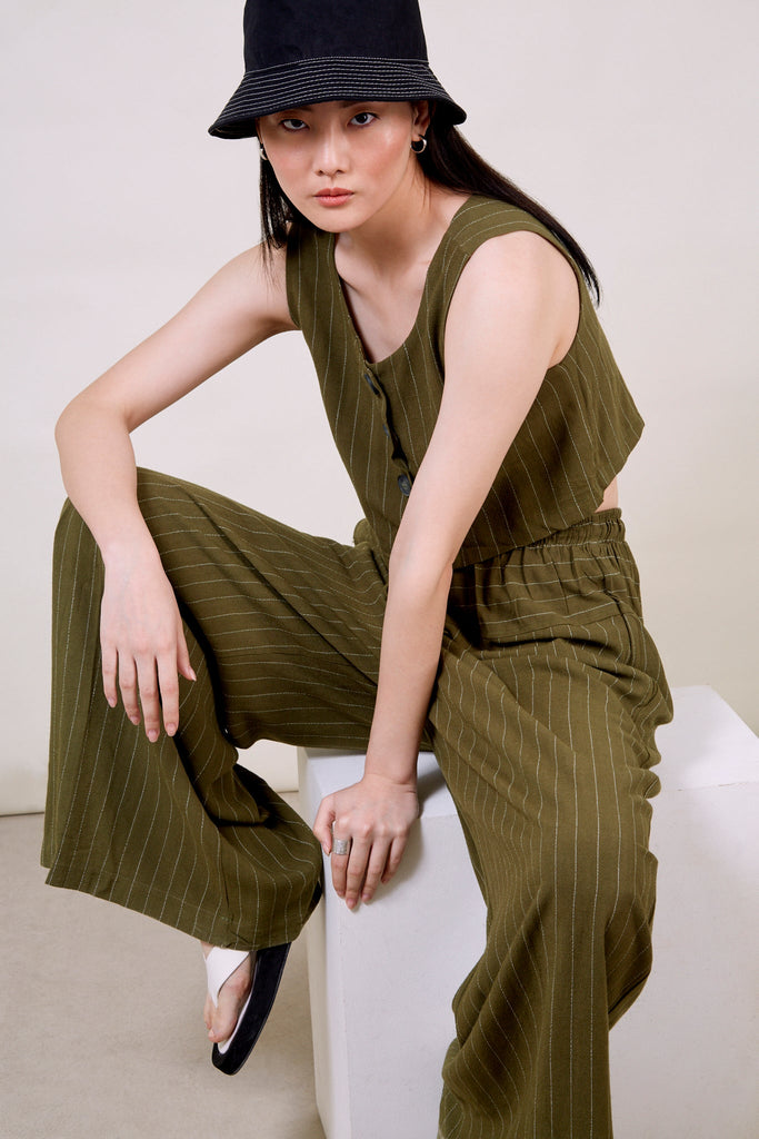 Olive green pinstripe drawstring trousers_3
