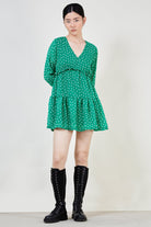 Green printed long sleeved mini dress_1