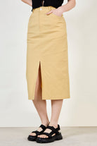 Yellow slit front tailored skirt_1