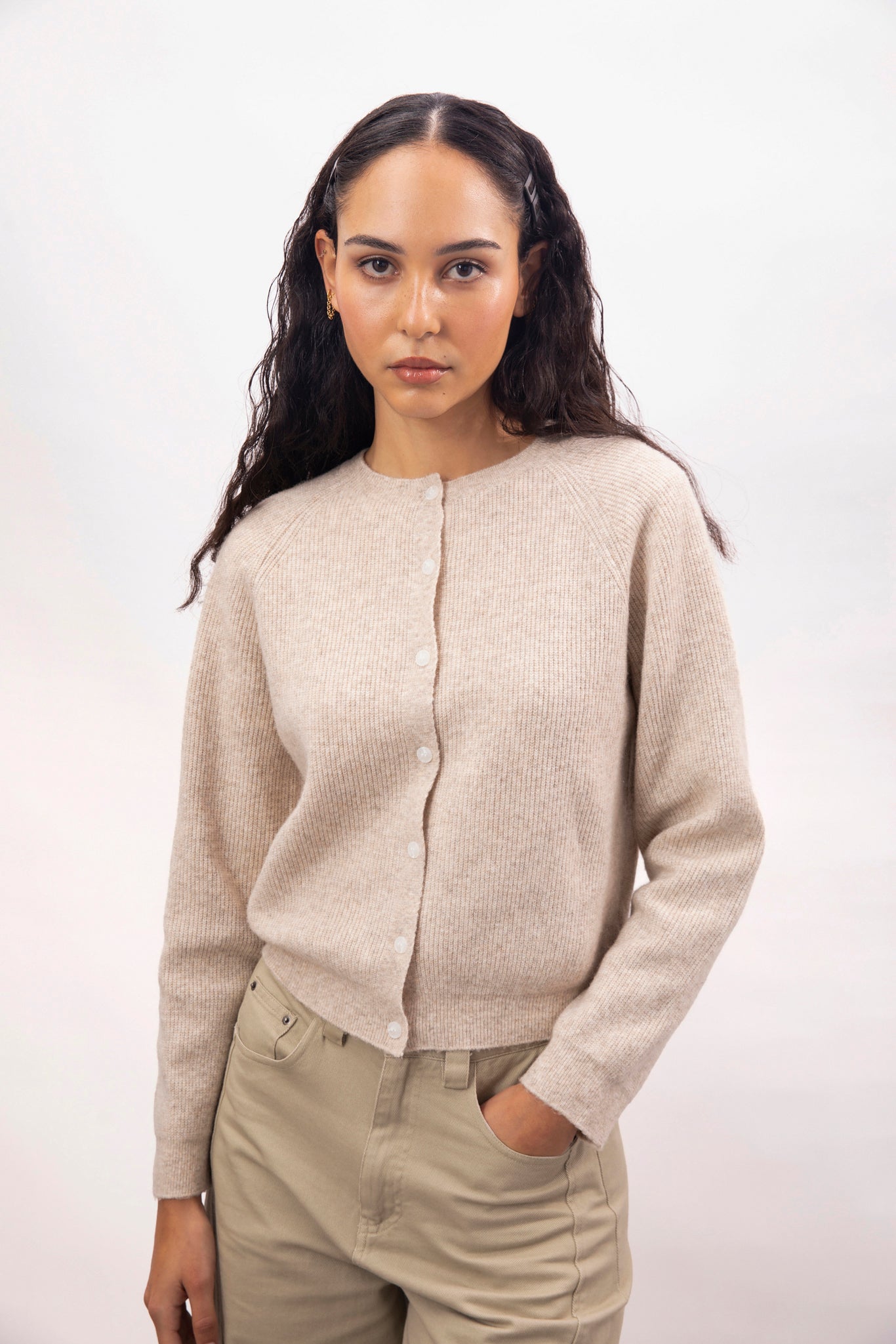 Oatmeal wool blend round neck button up cardigan_1