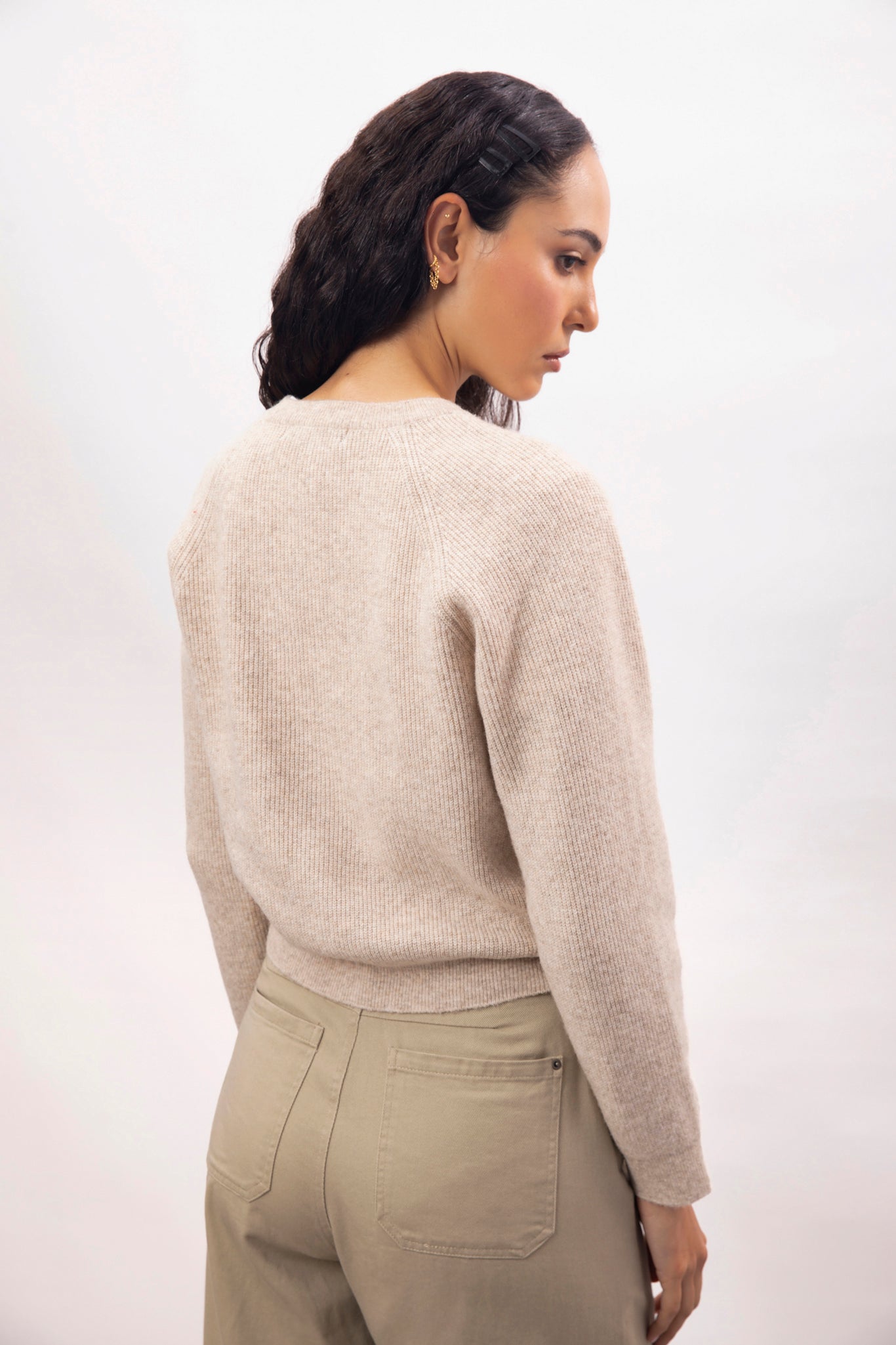 Oatmeal wool blend round neck button up cardigan_2