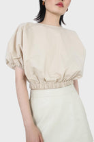 Beige ruched hem puff cropped top_8