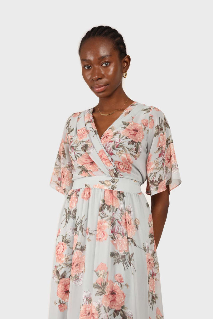 Pale blue and pink floral print layered V dress_4