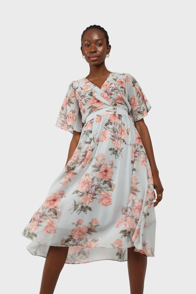 Pale blue and pink floral print layered V dress_5