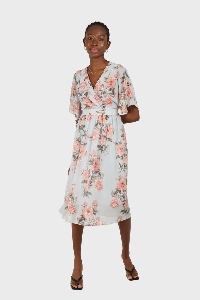 Pale blue and pink floral print layered V dress_1